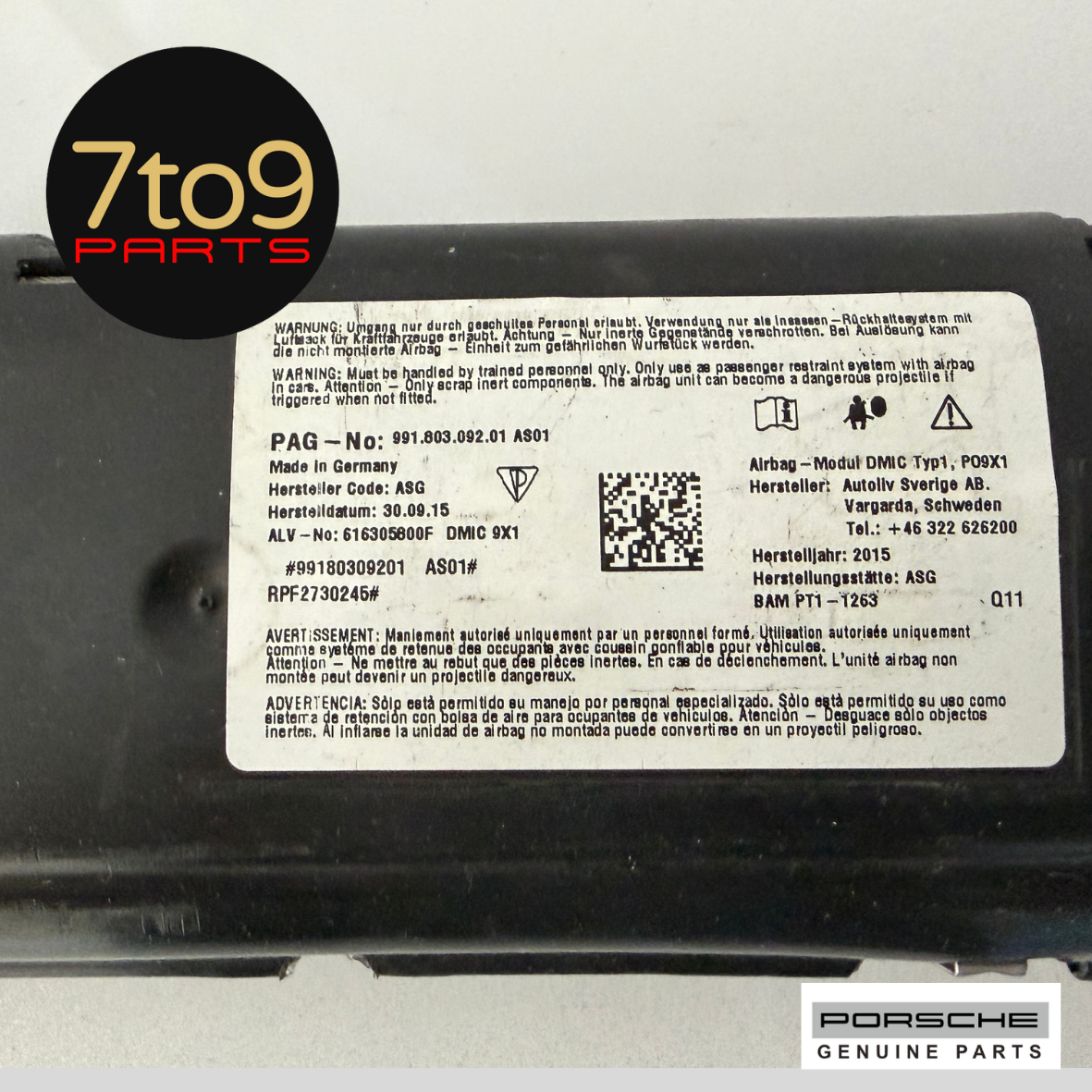 Porsche 981 991 Head Airbag Unit Left 991 803 091 00 - 7to9 Parts - Genuine Used Parts for Porsche - Melbourne