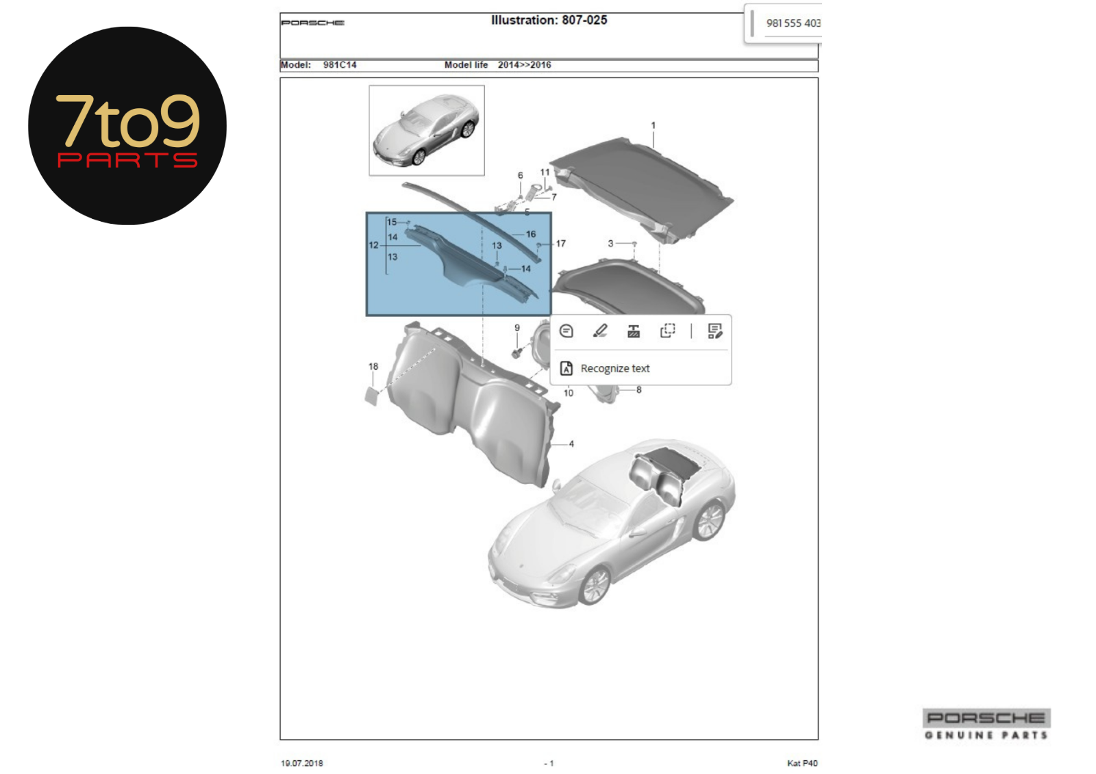Porsche Boxster Cayman S 981 2015 Interior Rear Trim Panel - 991 555 403