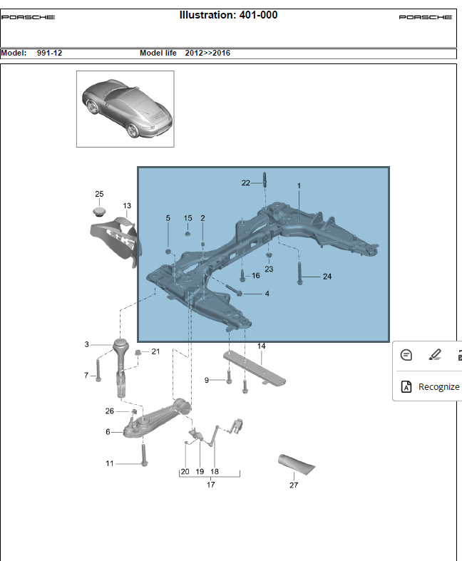Porsche Boxster  Cayman S 981 2015 Front Subframe Crossmember - 991 341 091