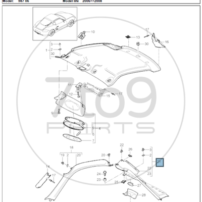 Porsche 987 Cayman S C Pillar Trim Black Right 987 555 188 00 A03